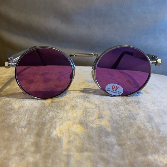 NEW! Purple Round Lens Sunglasses Silver Designed Metal Spring Sides - Picture 1 of 14